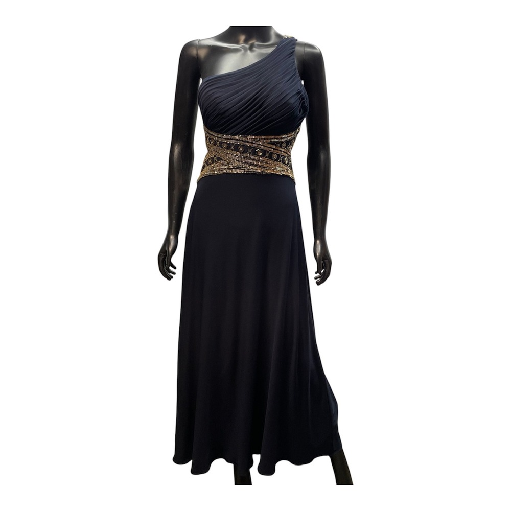 Betsy & Adam Navy one shoulder maxi gown dress with gold embellishment Size 8